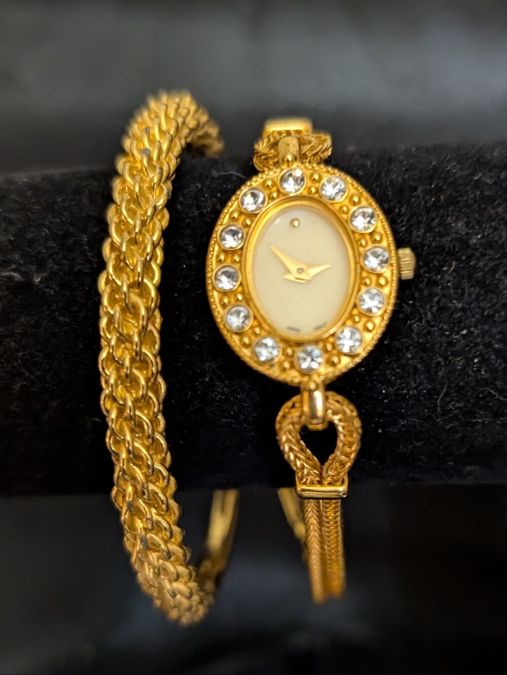 Vintage Avon Gold-Tone Crystal Double Wheat Chain Bracelet Watch & Cuff